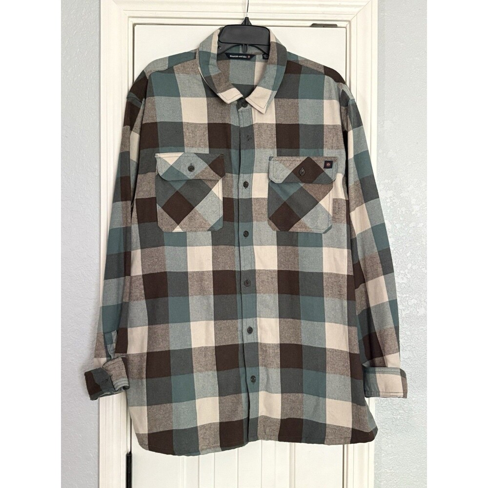 Mountain and Isles Flannel Mens XXL Shirt Green Brown Plaid Pockets Long Sleeve